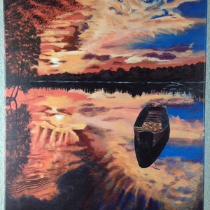 Sunset over Lake, Original Painting on Canvas by Cindy Archambeau