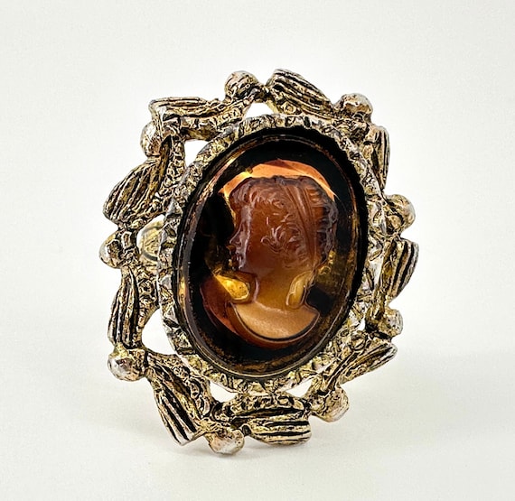 Vintage Faux Tortoise Shell Amber Glass Cameo Ring, V… - Gem