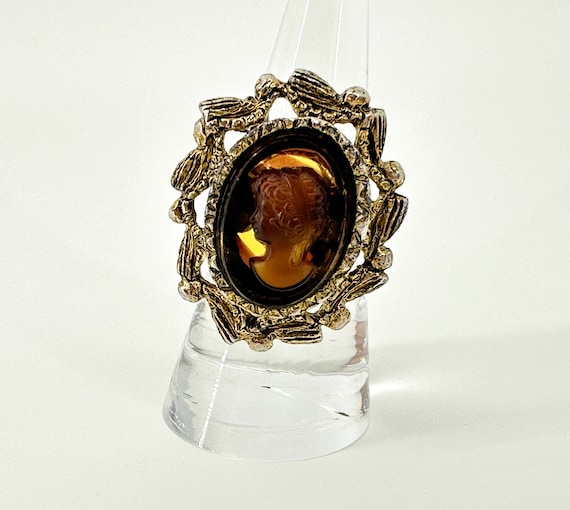 Vintage Faux Tortoise Shell Amber Glass Cameo Ring, V… - Gem