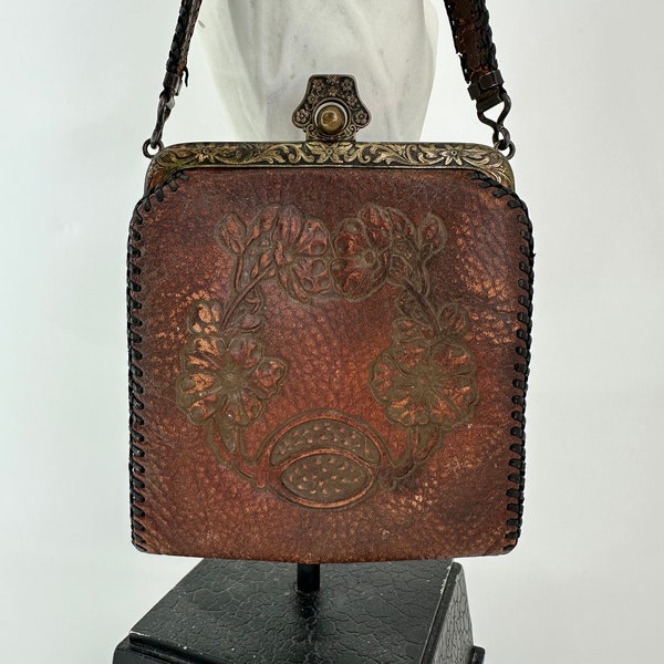 Antique Jemco Art Nouveau Handmade Tooled Leather Handbag, Floral Leather Purse
