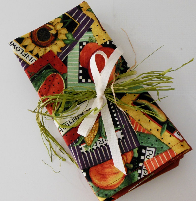 Set of 4 red cherries print on back Garden theme 4 double-sided cloth napkins with FREE Napkin Rings bright garden design on front