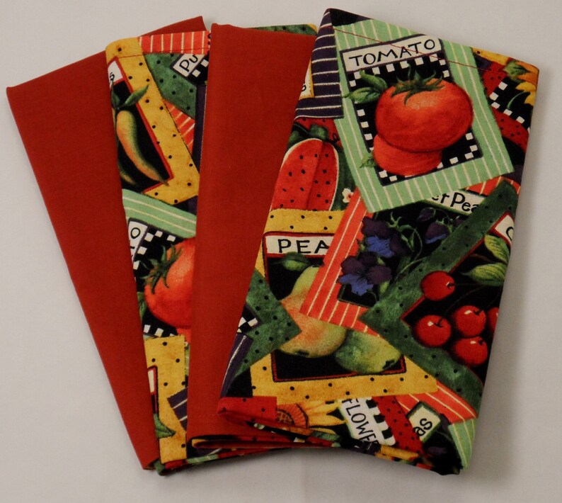 Set of 4 red cherries print on back Garden theme 4 double-sided cloth napkins with FREE Napkin Rings bright garden design on front