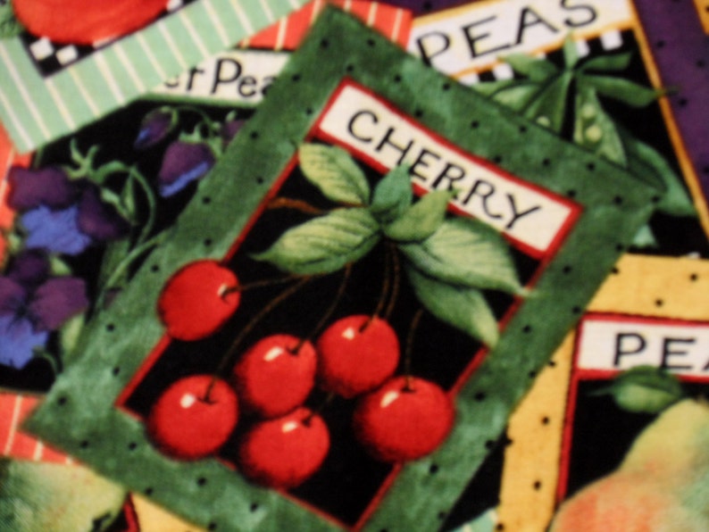 Set of 4 red cherries print on back Garden theme 4 double-sided cloth napkins with FREE Napkin Rings bright garden design on front