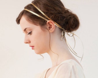 Roman Goddess headband  - Gold or Silver Wedding Hair Accessory - Bridal tie on Hair Chain - Modern Wedding -Bridesmaids Hair Accessories