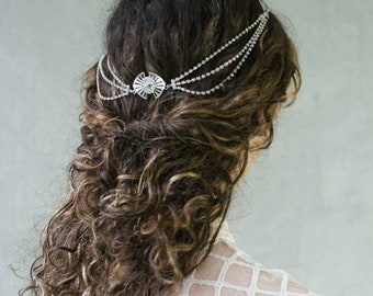 Luxury Hair Drape - Modern Bridal Headpiece in Silver or Gold - Wedding Hair Accessory - Draped Hair Chain with crystals