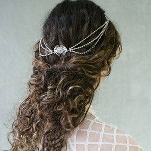 Luxury Hair Drape Modern Bridal Headpiece in Silver or Gold Wedding Hair Accessory Draped Hair Chain with crystals image 1