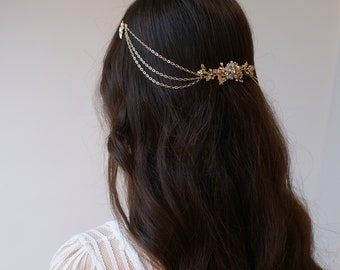 Draped Bridal Headpiece - Gold Wedding Hair Drape - Gold Hair Accessory with swags  - Gold Hair Chain-  Modern Bridal Headpiece with stars