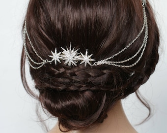 Tocado de novia estrella - Cortina de pelo de boda - Accesorio de pelo celestial con botines - Cadena de pelo de plata- Tocado de novia moderno con estrellas