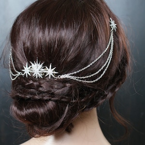 Star Bridal Headpiece Wedding Hair Drape Celestial Hair Accessory with swags Silver Hair Chain Modern Bridal Headpiece with stars image 9