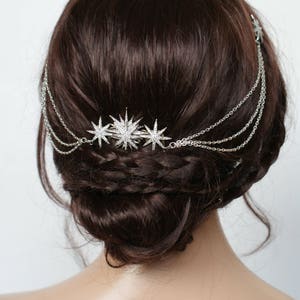 Star Bridal Headpiece Wedding Hair Drape Celestial Hair Accessory with swags Silver Hair Chain Modern Bridal Headpiece with stars image 1