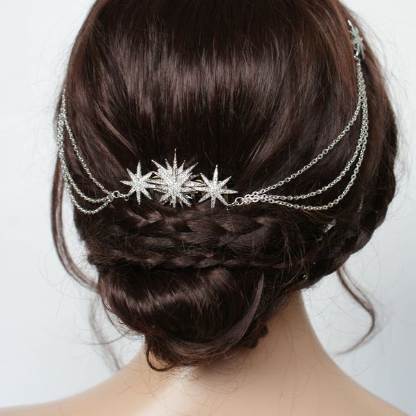 Star Bridal Headpiece - Wedding Hair Drape - Celestial Hair Accessory with swags  - Silver Hair Chain-  Modern Bridal Headpiece with stars