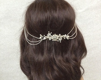 Draped Bridal Headpiece – Silver Wedding Hair Chain with Pearls & Crystals