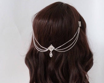 Wedding Headpiece with crystals - Bohemian Wedding Headpiece - Silver chain headpiece -Bridal Hair Accessory -Downton abbey 1920s Headpiece