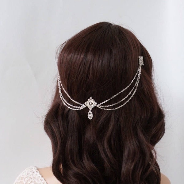 Wedding Headpiece with crystals - Bohemian Wedding Headpiece - Silver chain headpiece -Bridal Hair Accessory -Downton abbey 1920s Headpiece