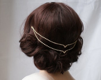 Casque de mariage en or - Accessoire de mariée Chaîne de cheveux - Bijoux en cristal - Casque de mariée Boho pour l’arrière de la tête