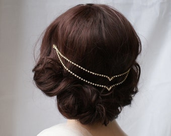 Gold Wedding Headpiece - Bridal Accessory Hair chain - Crystal Hair Jewellery - Bohemian Bridal headpiece for back of the head