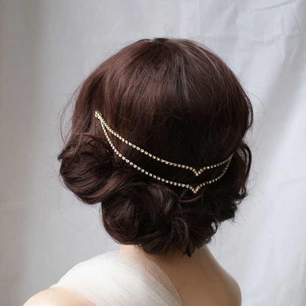 Gold Wedding Headpiece - Bridal Accessory Hair chain - Crystal Hair Jewellery - Bohemian Bridal headpiece for back of the head