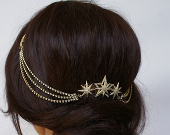 Gold Star Bridal Headpiece with Crystal Hair Drape – Boho Wedding Hair Accessory