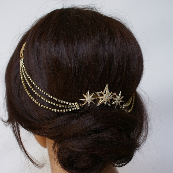 Tocado de novia de estrella de lujo dorado con cortina de pelo de cristal - Accesorio para el cabello con guirnaldas - Cadena de pelo de oro - Tocado de novia con estrellas