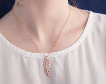 Rose Gold feather pendant - Bridal Necklace -Wedding Jewellery - Rose Gold  Necklace - Boho Bride - Layering Necklace  - Bridesmaids gift