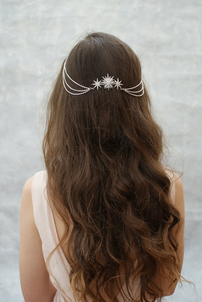 Star Bridal Headpiece Wedding Hair Drape Celestial Hair Accessory with swags Silver Hair Chain Modern Bridal Headpiece with stars image 8