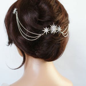 Star Bridal Headpiece Wedding Hair Drape Celestial Hair Accessory with swags Silver Hair Chain Modern Bridal Headpiece with stars image 10