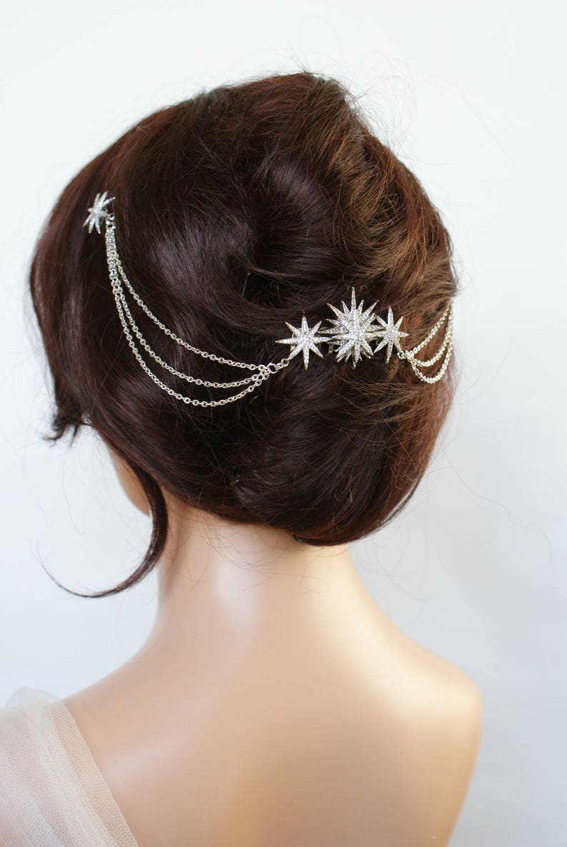 Star Bridal Headpiece Wedding Hair Drape Celestial Hair Accessory with swags Silver Hair Chain Modern Bridal Headpiece with stars image 10