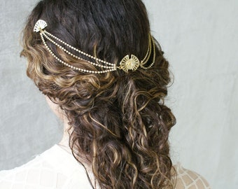 Gold Art Deco Headpiece - Cortina de pelo nupcial - Accesorio para el cabello - Cadena de cabello drapeado con cristales