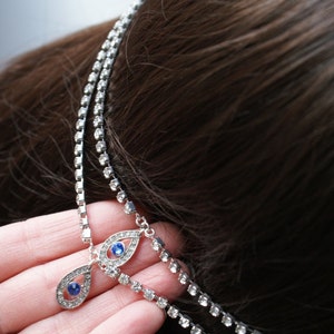 Wedding Headpiece, Sapphire Blue crystal, Bohemian Headchain Accessory, Something Blue hair accessory, back headpiece bun accessory image 2