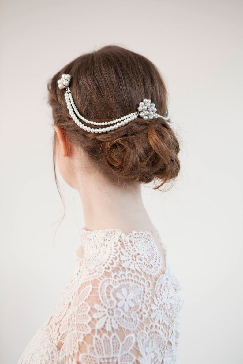 Wedding Headpiece with pearls pearl hair comb bridal hair accessory bohemian headpiece back of head hair drape 画像 9