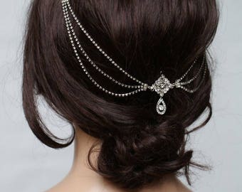 Wedding Headpiece with crystal diamante chain - Bohemian Wedding Headpiece - Silver chain headpiece -Bridal Hair Accessory -1920's Headpiece