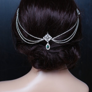 Vintage Bridal Headpiece with Emerald crystal - Hair Chain style Bridal Hair Accessory - Bridal headpiece with Emerald - 1920s Wedding dress