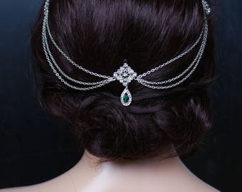 Vintage Bridal Headpiece with Emerald crystal - Hair Chain style Bridal Hair Accessory - Bridal headpiece with Emerald - 1920s Wedding dress