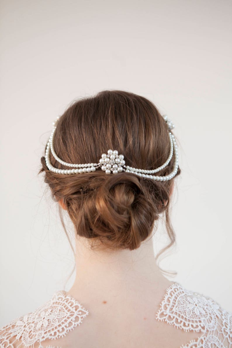Wedding Headpiece with pearls pearl hair comb bridal hair accessory bohemian headpiece back of head hair drape image 3