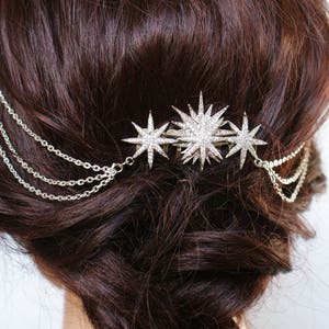 Star Bridal Headpiece Wedding Hair Drape Celestial Hair Accessory with swags Silver Hair Chain Modern Bridal Headpiece with stars image 7