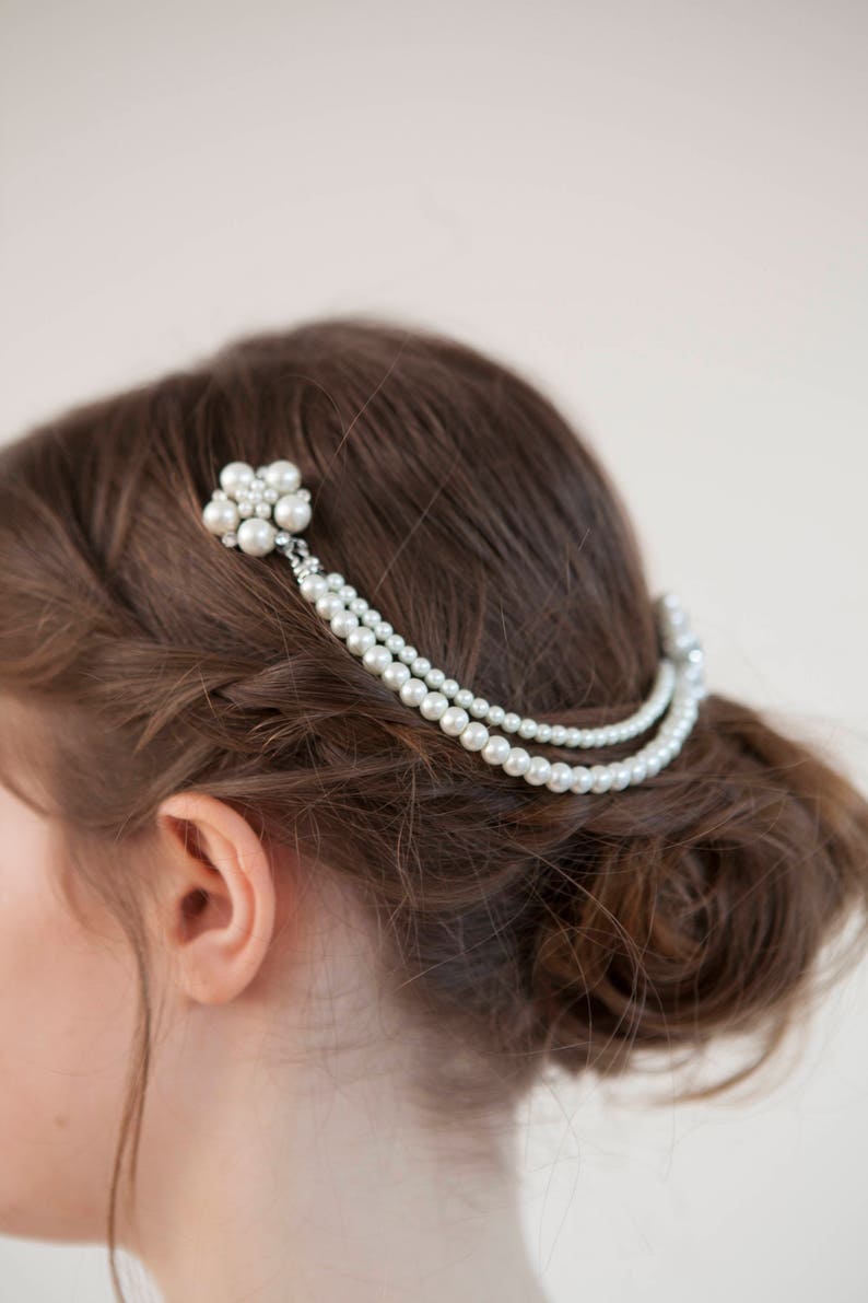 Wedding Headpiece with pearls pearl hair comb bridal hair accessory bohemian headpiece back of head hair drape 画像 7