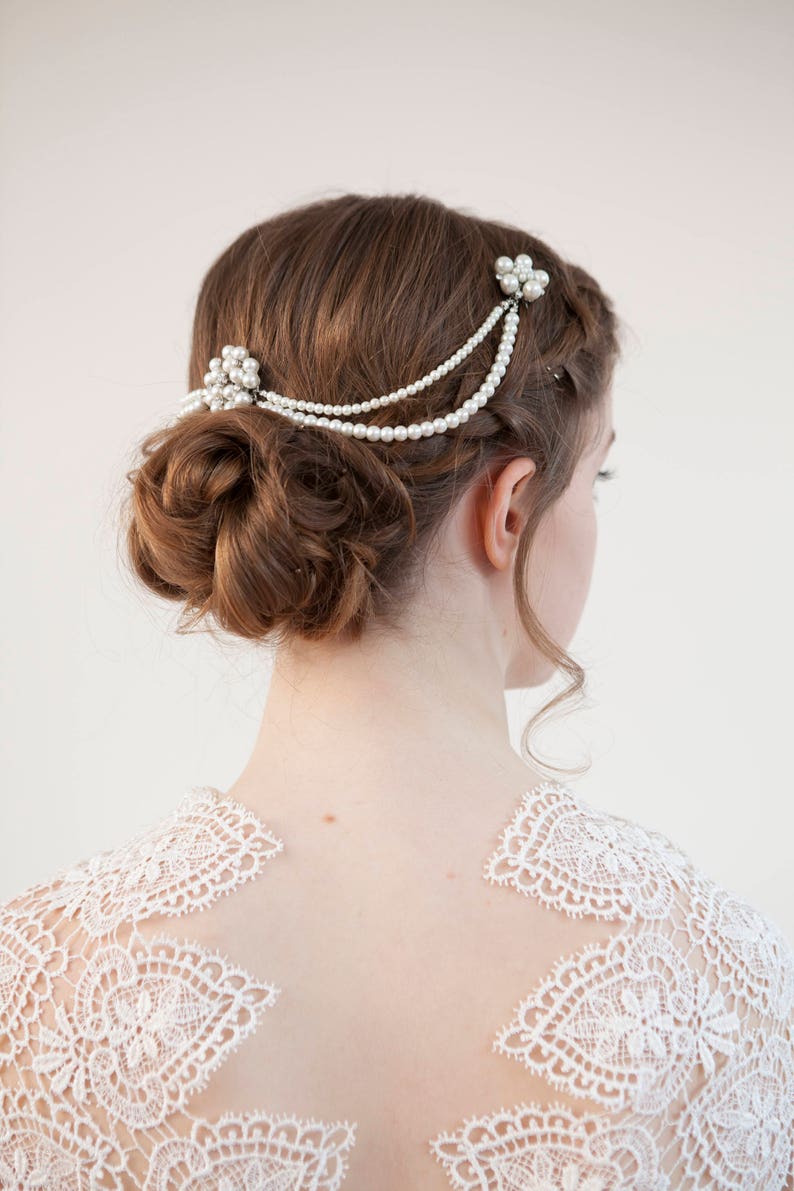 Wedding Headpiece with pearls pearl hair comb bridal hair accessory bohemian headpiece back of head hair drape 画像 2