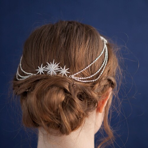 Wedding Hair chain - Bridal Headpiece with shops swags - Silver Draped Headpiece with Stars - Boho Style Bridal Headpiece