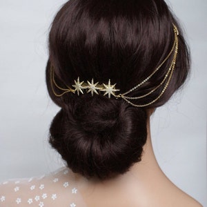 Wedding Hair chain - Bridal Headpiece with swags  - Gold or Silver Draped Headpiece with Stars -  Boho Style Bridal Headpiece