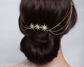 Cadena de pelo de boda - Tocado de novia con botines - Tocado drapeado de oro o plata con estrellas - Tocado de novia estilo Boho