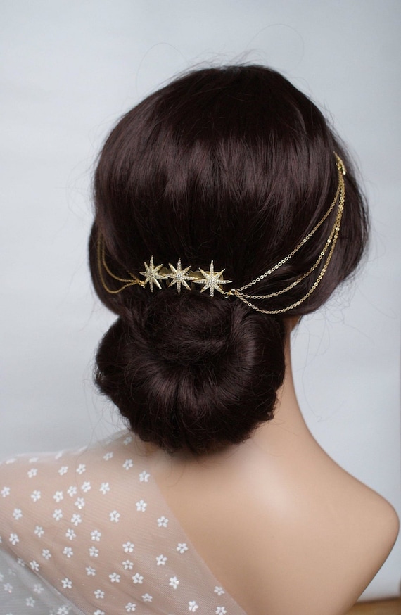 Wedding Hair chain Bridal Headpiece with swags Gold or Silver Draped  Headpiece with Stars Boho Style Bridal Headpiece
