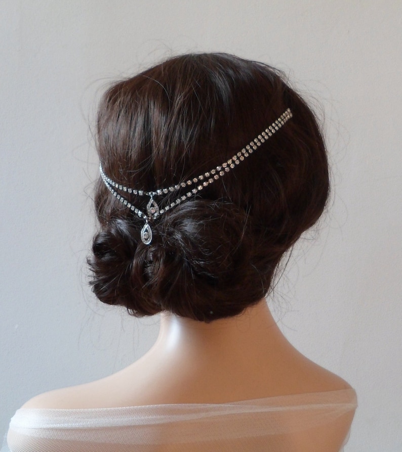 1920s wedding Headpiece Bohemian, headchain style Bridal Accessory Great Gatsby Headpiece crystal bun accessory image 2