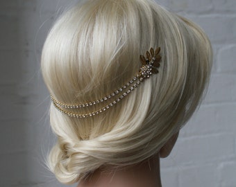 Wedding Headpiece -Gold Bridal hair accessory -back head drape Head-chain - Bohemian Headpiece UK