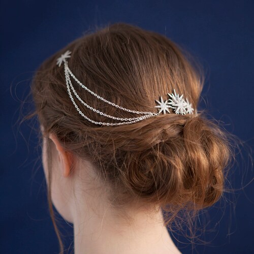 Wedding Hair chain - Bridal Headpiece with shops swags - Silver Draped Headpiece with Stars - Boho Style Bridal Headpiece