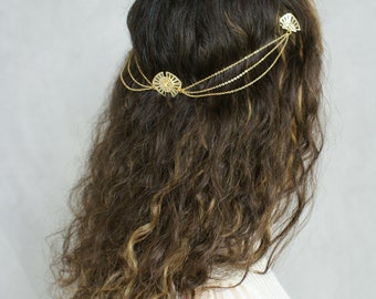 Tocado de boda Art Deco moderno con guirnaldas - Tocado de novia dorado - Accesorio de estilo de cadena de pelo - Cortina de pelo dorada o plateada