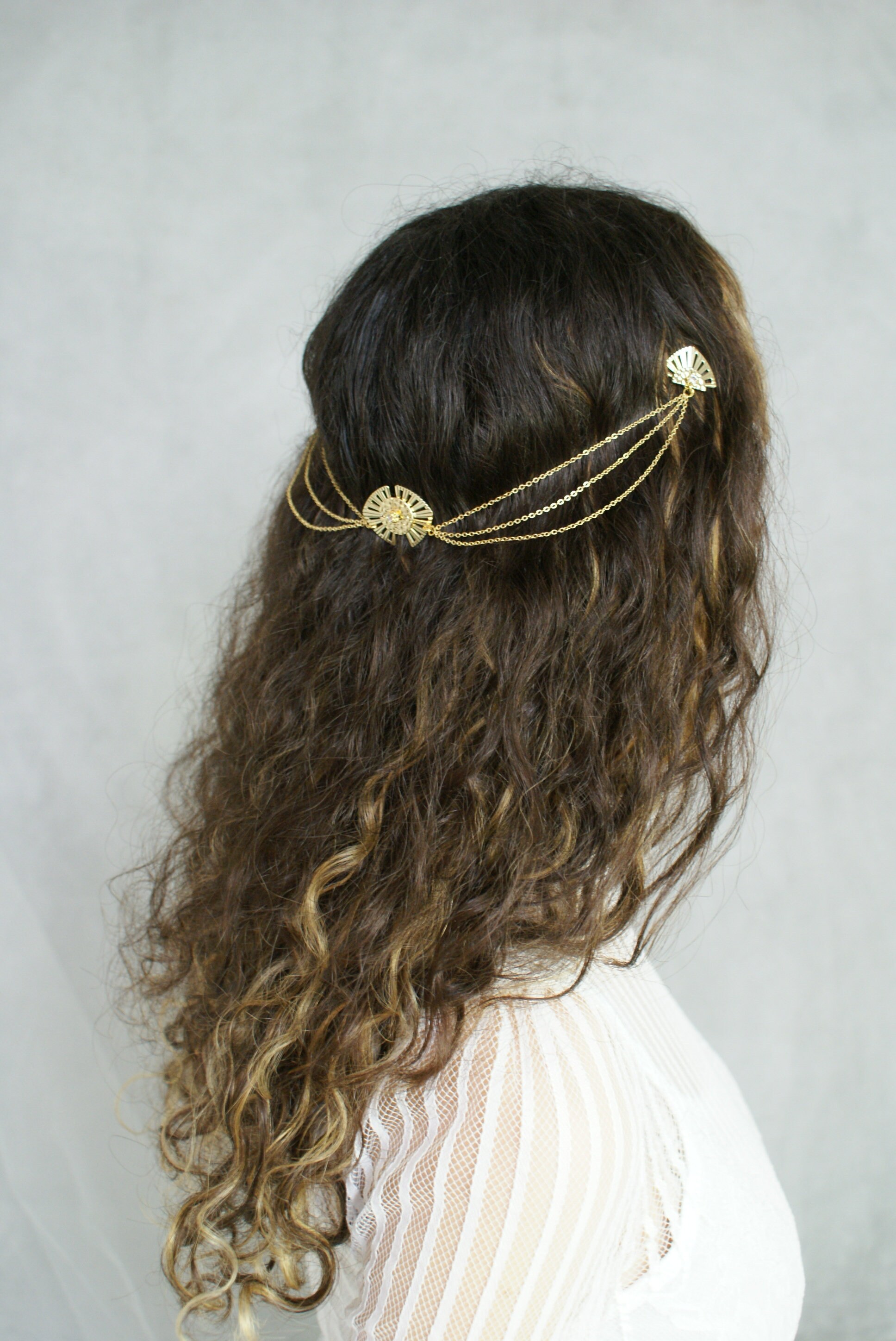 Modern Art Deco Wedding Headpiece with swags - Gold Bridal Headpiece - Hair Chain style  Accessory - Gold or Silver Hair Drape