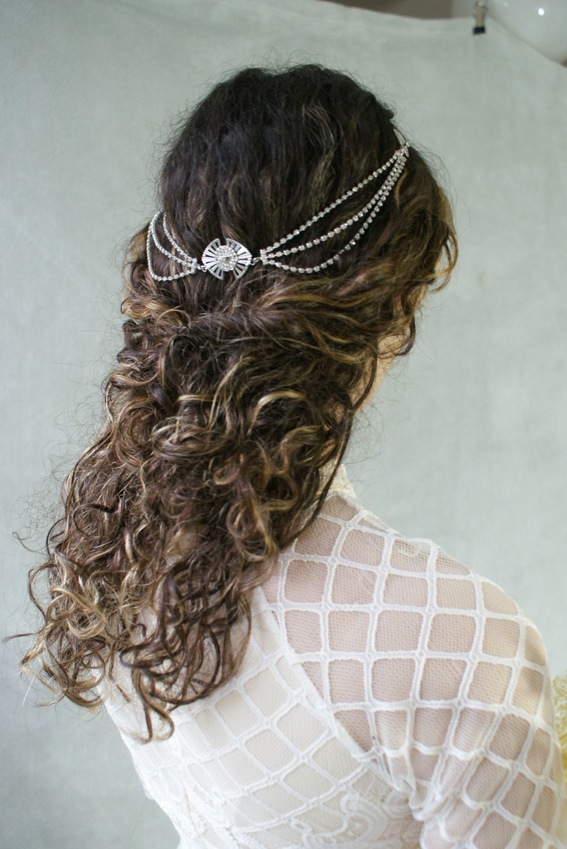 Luxury Hair Drape Modern Bridal Headpiece in Silver or Gold Wedding Hair Accessory Draped Hair Chain with crystals image 1