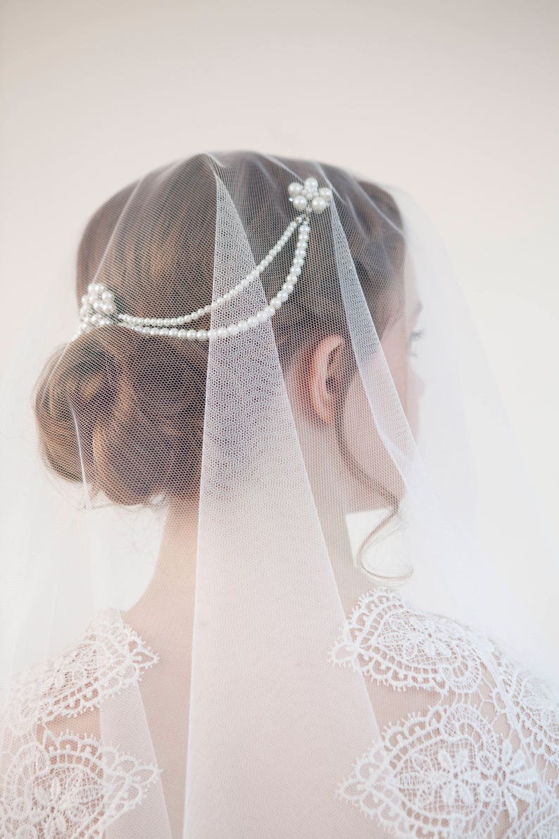 Wedding Headpiece with pearls pearl hair comb bridal hair accessory bohemian headpiece back of head hair drape image 4