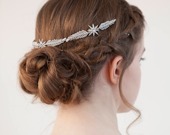 Wedding Headpiece with Stars - Art Deco Bridal Hair Accessory  - Silver or Gold crystal Hair Vine -   Bridal Headpiece for back of head