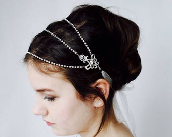 Statement Wedding Headpiece - Art Deco style Silver Headchain - Great Gatsby Wedding Accessory - Crystal Hair accessory -RoseRedRoseWhite